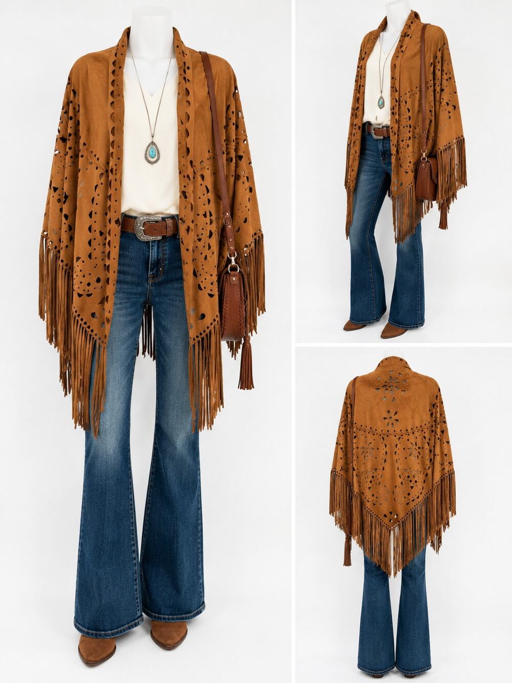 L&B Lucky & Blessed Faux Suede Laser Cut Fringe Poncho Western Boho Womens